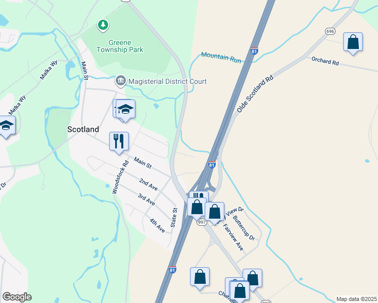 map of restaurants, bars, coffee shops, grocery stores, and more near 1411 Doron Drive in Chambersburg