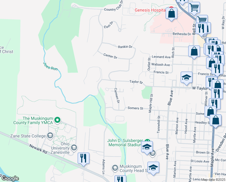 map of restaurants, bars, coffee shops, grocery stores, and more near 2385 Carmen Drive in Zanesville