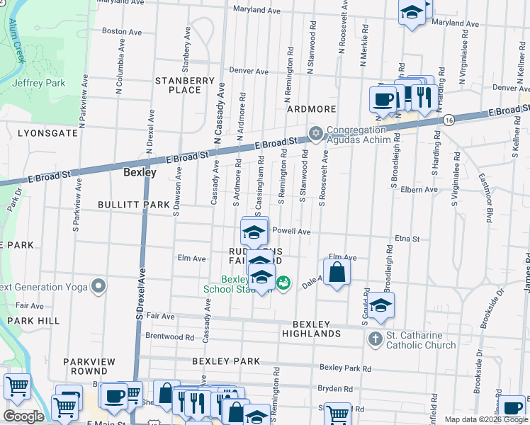 map of restaurants, bars, coffee shops, grocery stores, and more near 125 South Cassingham Road in Bexley