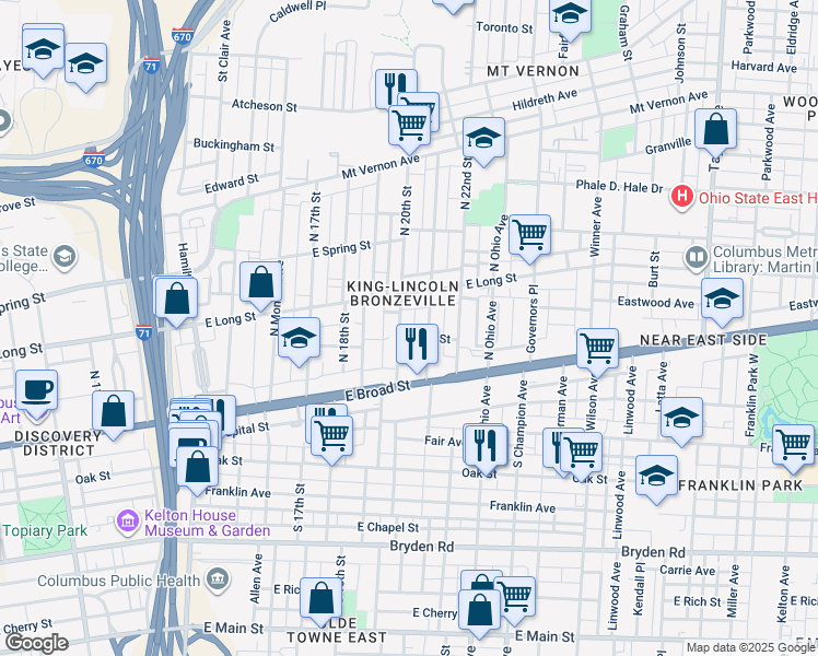 map of restaurants, bars, coffee shops, grocery stores, and more near 95 North 20th Street in Columbus