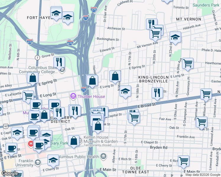 map of restaurants, bars, coffee shops, grocery stores, and more near 792 East Long Street in Columbus