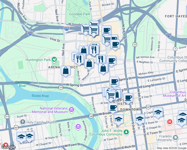 map of restaurants, bars, coffee shops, grocery stores, and more near in Columbus