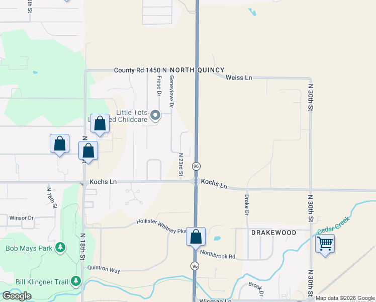 map of restaurants, bars, coffee shops, grocery stores, and more near 2976 North 23rd Street in Quincy