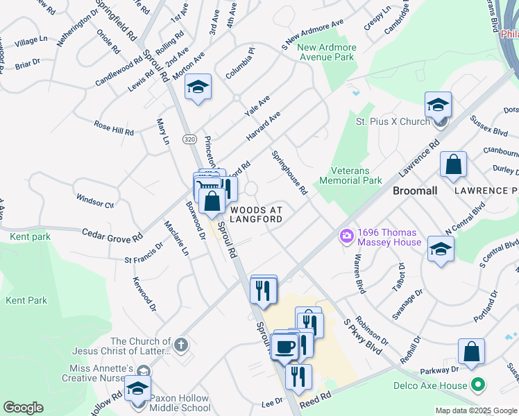 map of restaurants, bars, coffee shops, grocery stores, and more near South Park Way in Broomall