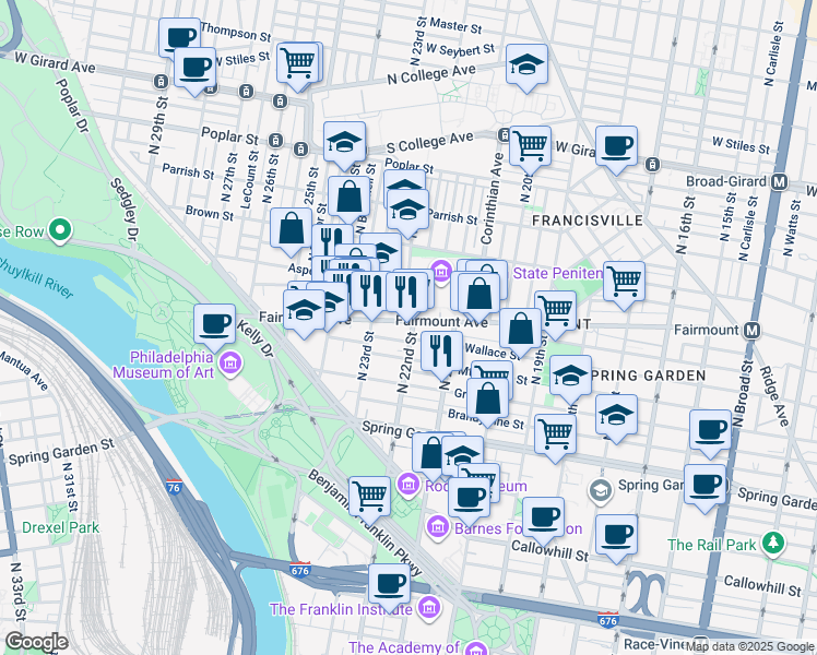 map of restaurants, bars, coffee shops, grocery stores, and more near 2200 Fairmount Avenue in Philadelphia