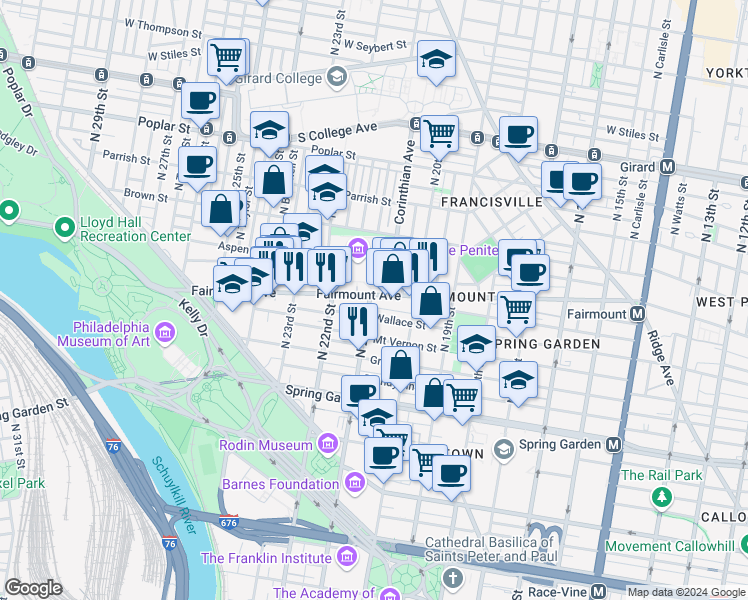 map of restaurants, bars, coffee shops, grocery stores, and more near in Philadelphia