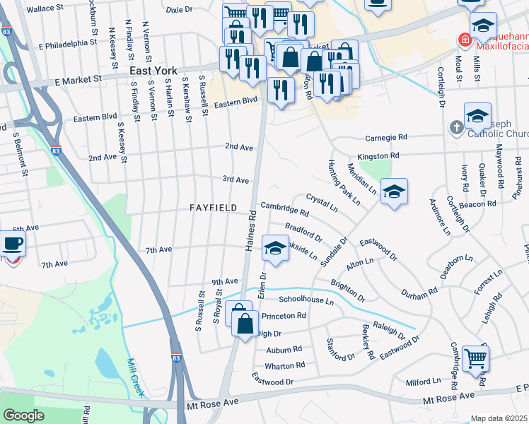 map of restaurants, bars, coffee shops, grocery stores, and more near 510 Erlen Drive in York