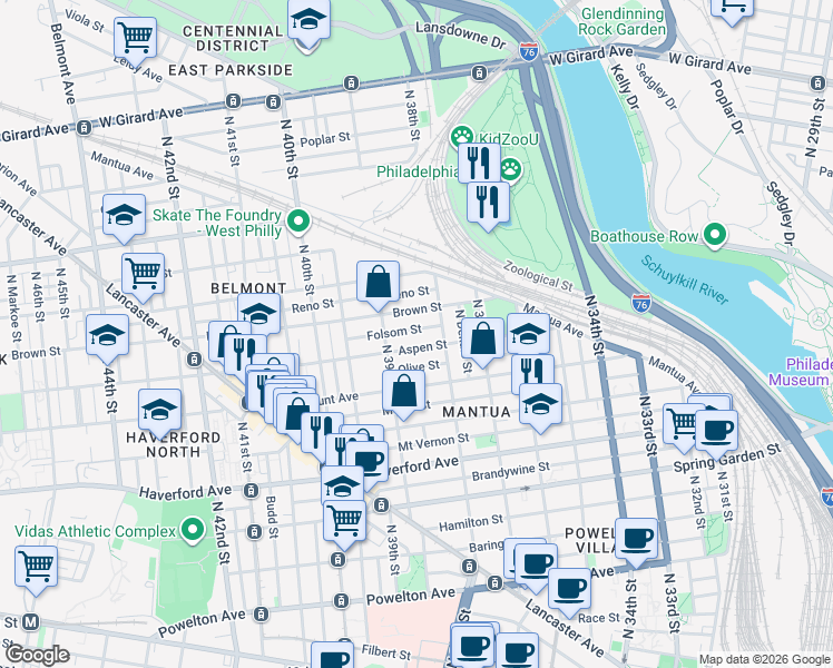 map of restaurants, bars, coffee shops, grocery stores, and more near 3842 Brown Street in Philadelphia