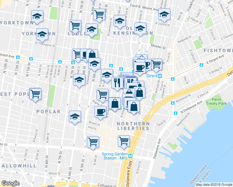 map of restaurants, bars, coffee shops, grocery stores, and more near 1018 North 3rd Street in Philadelphia