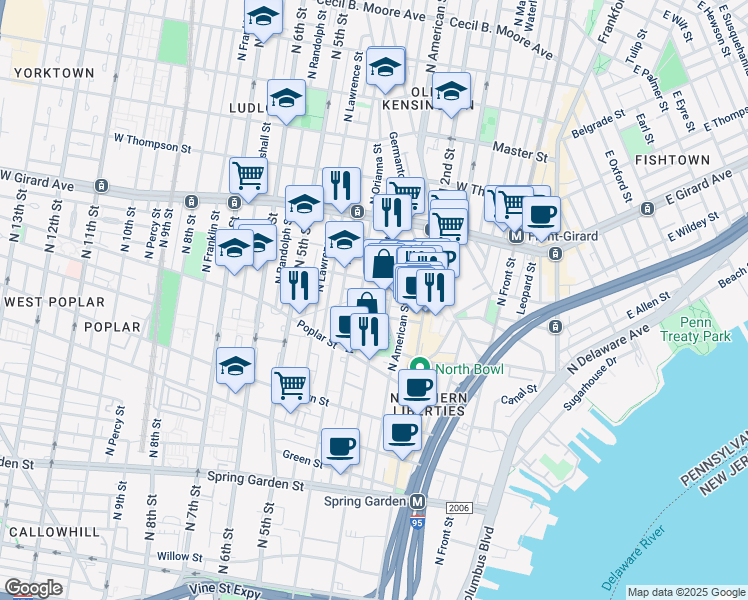 map of restaurants, bars, coffee shops, grocery stores, and more near 1018 North 3rd Street in Philadelphia