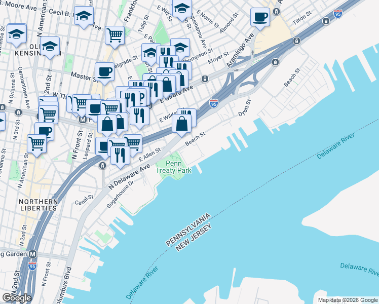 map of restaurants, bars, coffee shops, grocery stores, and more near 1325R Beach Street in Philadelphia