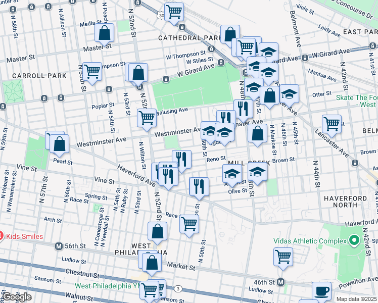map of restaurants, bars, coffee shops, grocery stores, and more near 5045 Parrish Street in Philadelphia
