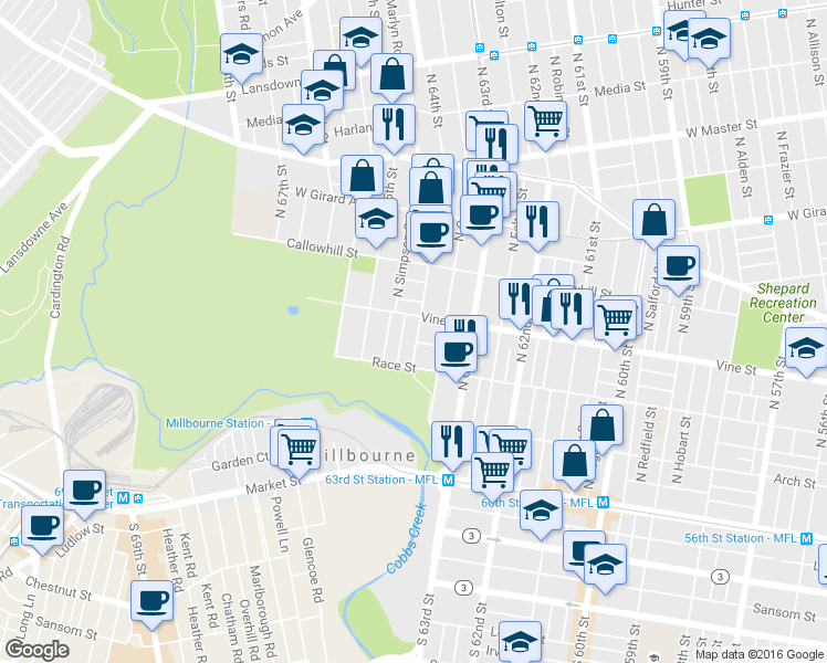 map of restaurants, bars, coffee shops, grocery stores, and more near 248 North 64th Street in Philadelphia