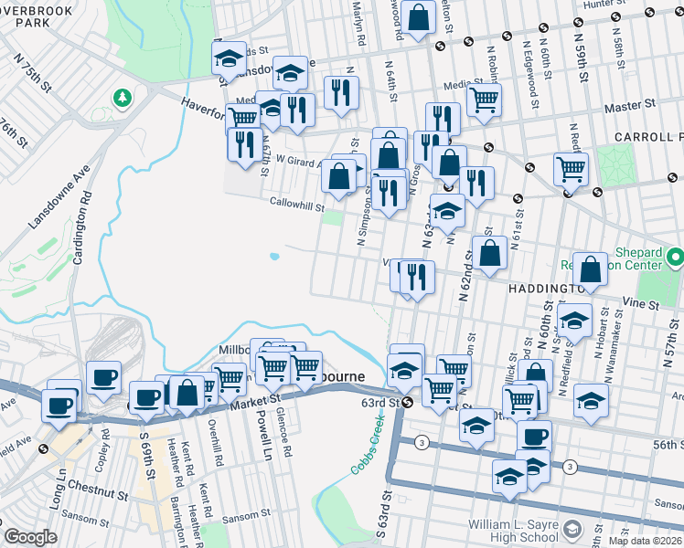 map of restaurants, bars, coffee shops, grocery stores, and more near 259 North Simpson Street in Philadelphia
