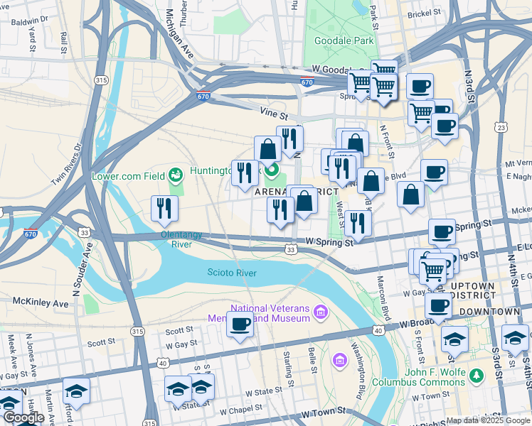 map of restaurants, bars, coffee shops, grocery stores, and more near 351 Cozzins Street in Columbus