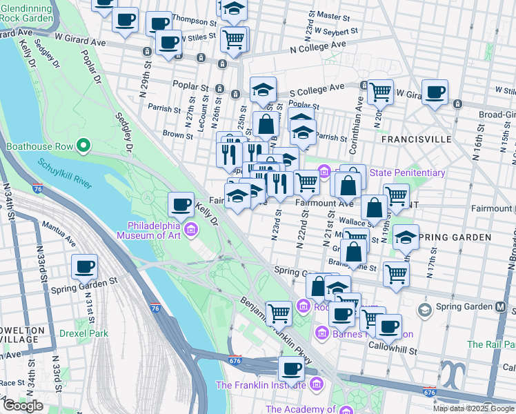 map of restaurants, bars, coffee shops, grocery stores, and more near 2342 Fairmount Avenue in Philadelphia