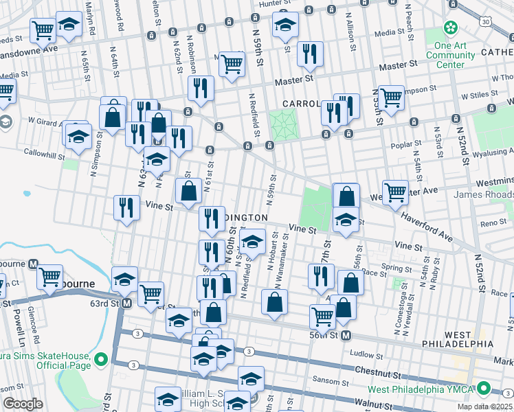 map of restaurants, bars, coffee shops, grocery stores, and more near 330 North Redfield Street in Philadelphia