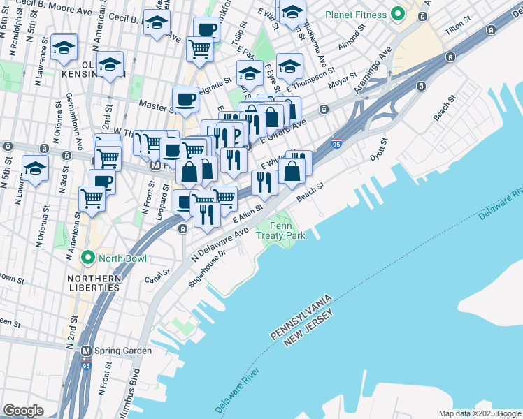 map of restaurants, bars, coffee shops, grocery stores, and more near 318 East Allen Street in Philadelphia