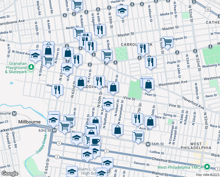 map of restaurants, bars, coffee shops, grocery stores, and more near 330 North Redfield Street in Philadelphia