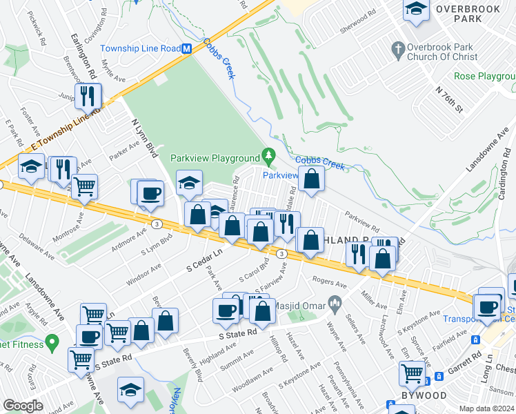 map of restaurants, bars, coffee shops, grocery stores, and more near 118 North Madison Avenue in Upper Darby