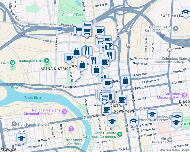 map of restaurants, bars, coffee shops, grocery stores, and more near 250 North Front Street in Columbus
