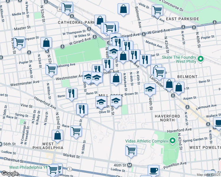 map of restaurants, bars, coffee shops, grocery stores, and more near 4813 Parrish Street in Philadelphia