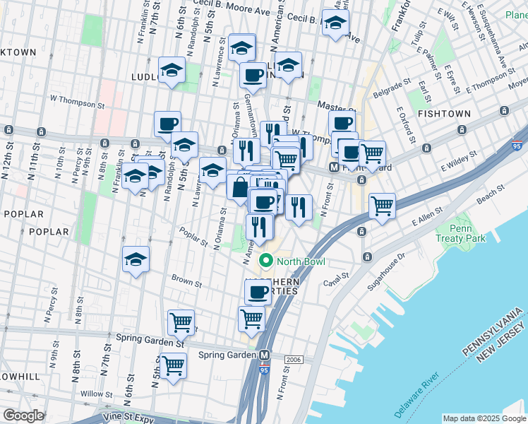 map of restaurants, bars, coffee shops, grocery stores, and more near 1030 North 2nd Street in Philadelphia