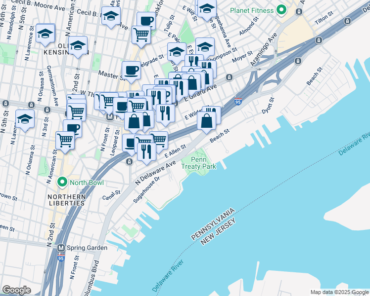 map of restaurants, bars, coffee shops, grocery stores, and more near 318 East Allen Street in Philadelphia
