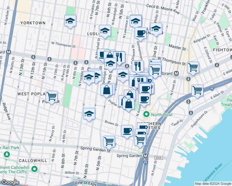 map of restaurants, bars, coffee shops, grocery stores, and more near 943 North Lawrence Street in Philadelphia