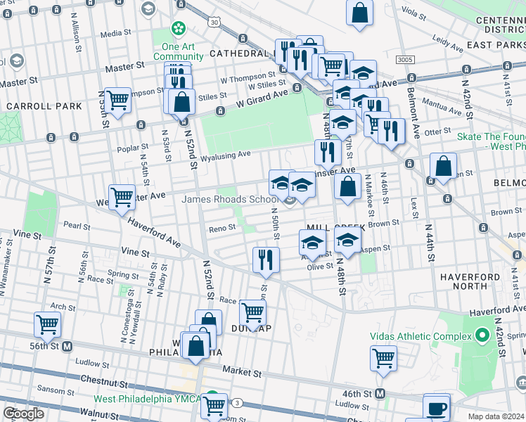 map of restaurants, bars, coffee shops, grocery stores, and more near 5021 Parrish Street in Philadelphia