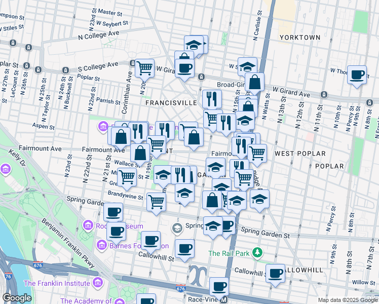 map of restaurants, bars, coffee shops, grocery stores, and more near N 17th St & Fairmount Ave in Philadelphia