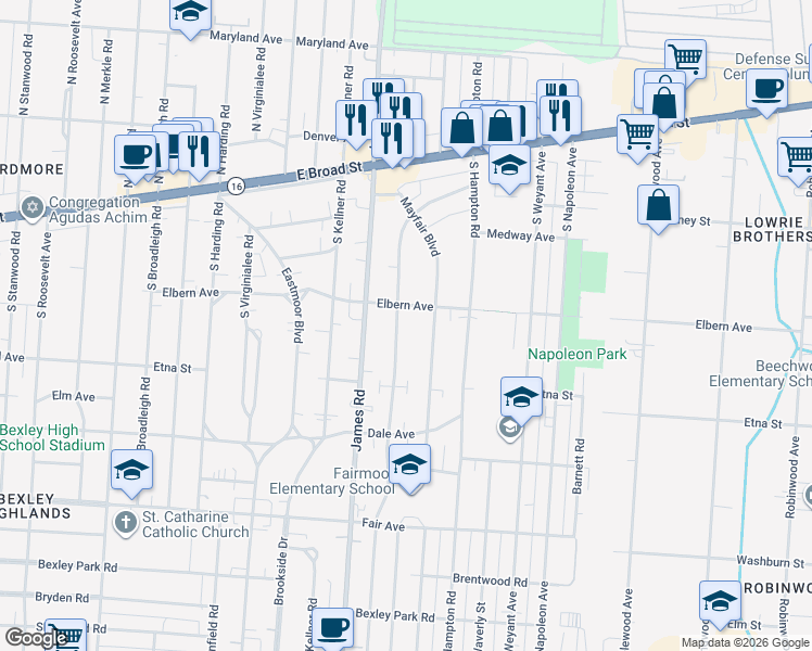 map of restaurants, bars, coffee shops, grocery stores, and more near 214 South Ashburton Road in Columbus