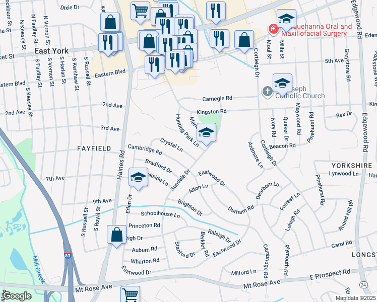 map of restaurants, bars, coffee shops, grocery stores, and more near 2473 Crystal Lane in East York