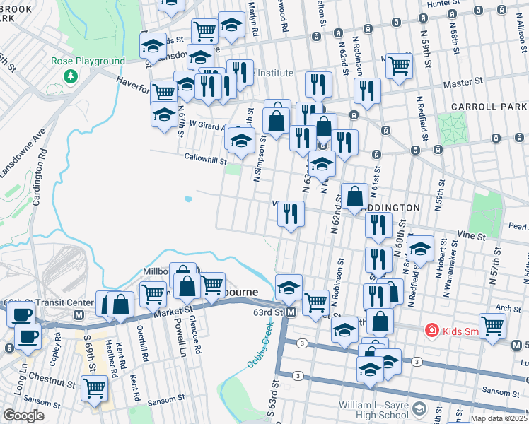 map of restaurants, bars, coffee shops, grocery stores, and more near 248 North 64th Street in Philadelphia