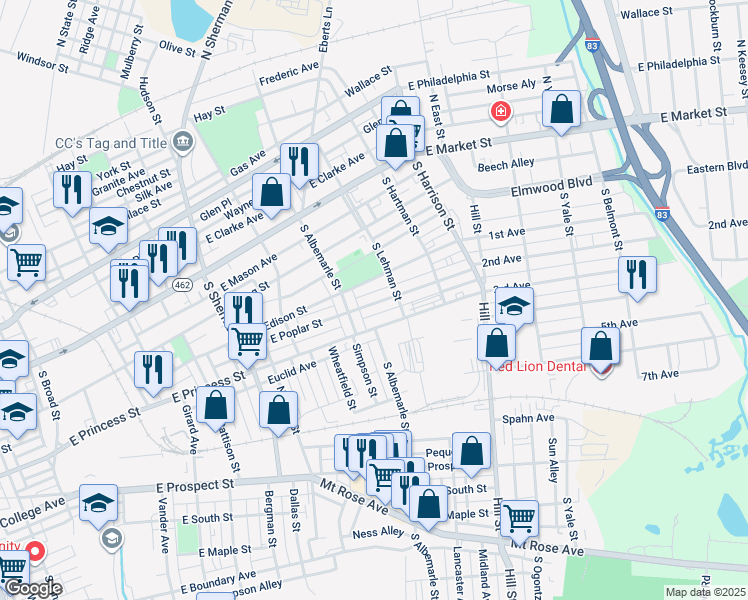 map of restaurants, bars, coffee shops, grocery stores, and more near 1033 East Poplar Street in York