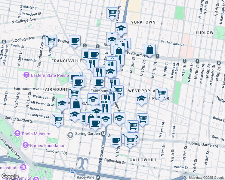 map of restaurants, bars, coffee shops, grocery stores, and more near 714 North Broad Street in Philadelphia