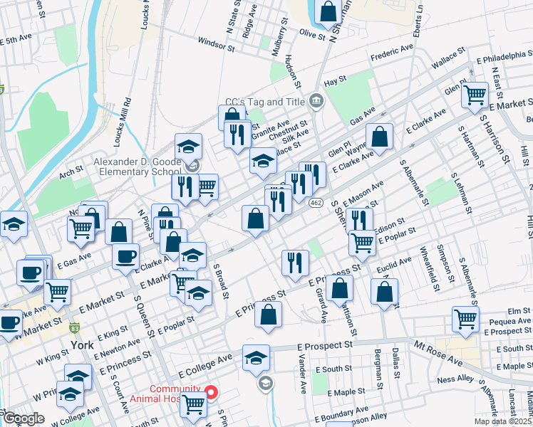 map of restaurants, bars, coffee shops, grocery stores, and more near 25 North State Street in York