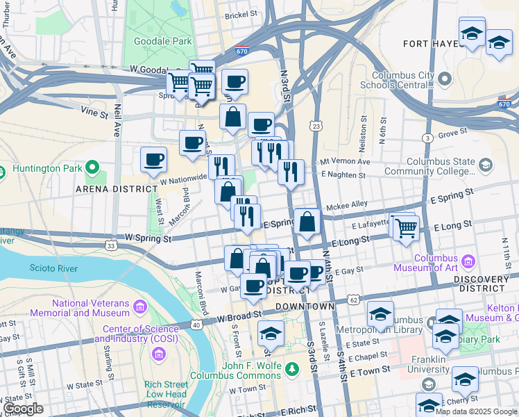 map of restaurants, bars, coffee shops, grocery stores, and more near 246 North High Street in Columbus