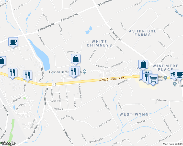 map of restaurants, bars, coffee shops, grocery stores, and more near 16 Harrison Road West in West Chester