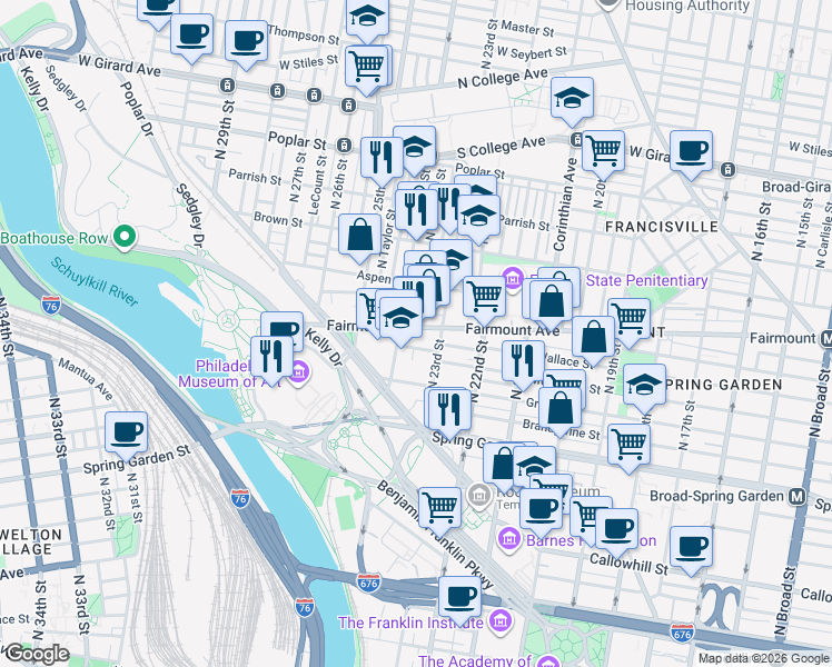 map of restaurants, bars, coffee shops, grocery stores, and more near 2328 Fairmount Avenue in Philadelphia