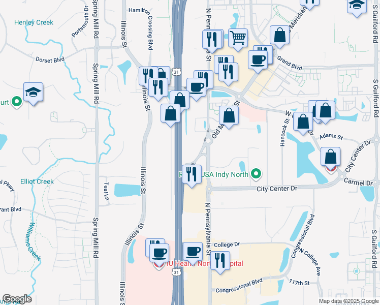 map of restaurants, bars, coffee shops, grocery stores, and more near 12130 Old Meridian Street in Carmel