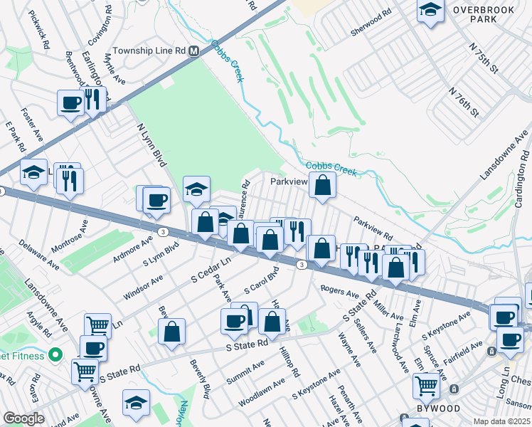 map of restaurants, bars, coffee shops, grocery stores, and more near 118 North Madison Avenue in Upper Darby