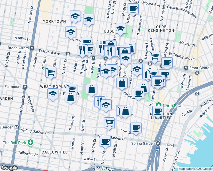 map of restaurants, bars, coffee shops, grocery stores, and more near 864 North Marshall Street in Philadelphia