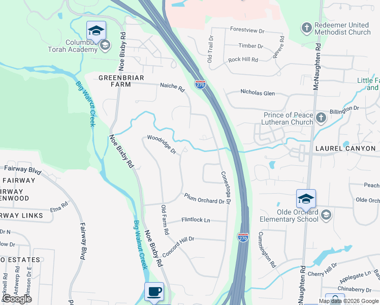 map of restaurants, bars, coffee shops, grocery stores, and more near 533 Indian Mound Road in Columbus