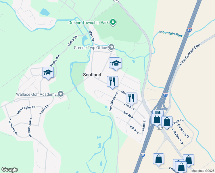 map of restaurants, bars, coffee shops, grocery stores, and more near 3837 Main Street in Chambersburg