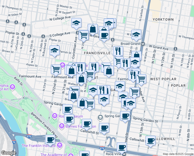 map of restaurants, bars, coffee shops, grocery stores, and more near North 18th Street & Fairmount Avenue in Philadelphia