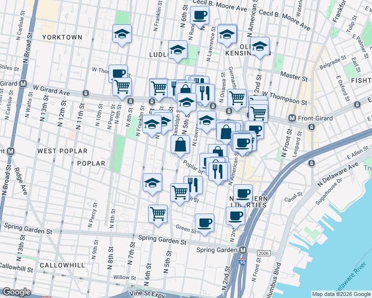 map of restaurants, bars, coffee shops, grocery stores, and more near 941 North 5th Street in Philadelphia