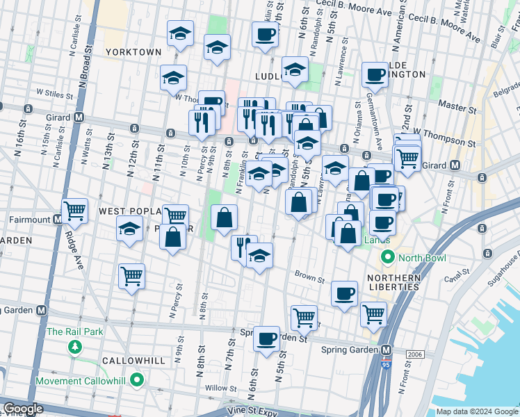 map of restaurants, bars, coffee shops, grocery stores, and more near 864 North Marshall Street in Philadelphia