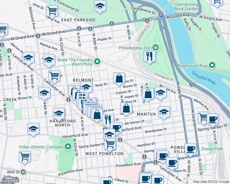 map of restaurants, bars, coffee shops, grocery stores, and more near 3927 Folsom Street in Philadelphia