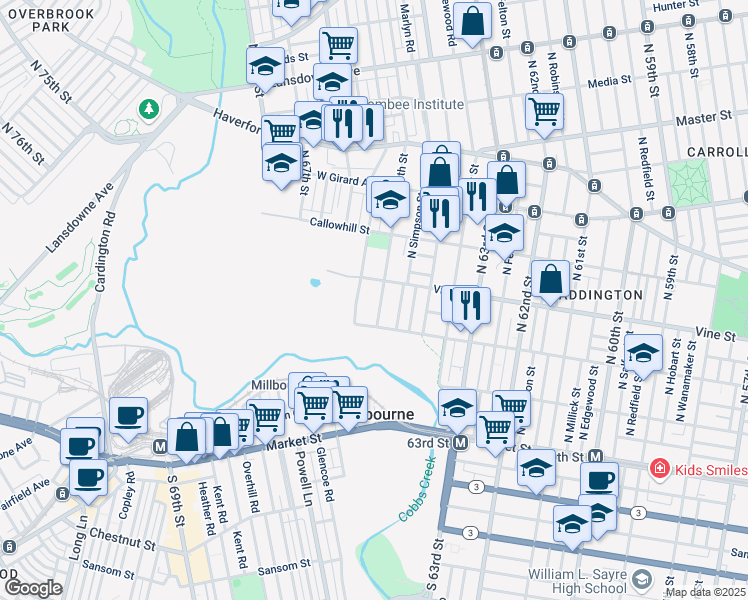 map of restaurants, bars, coffee shops, grocery stores, and more near 224 North 65th Street in Philadelphia